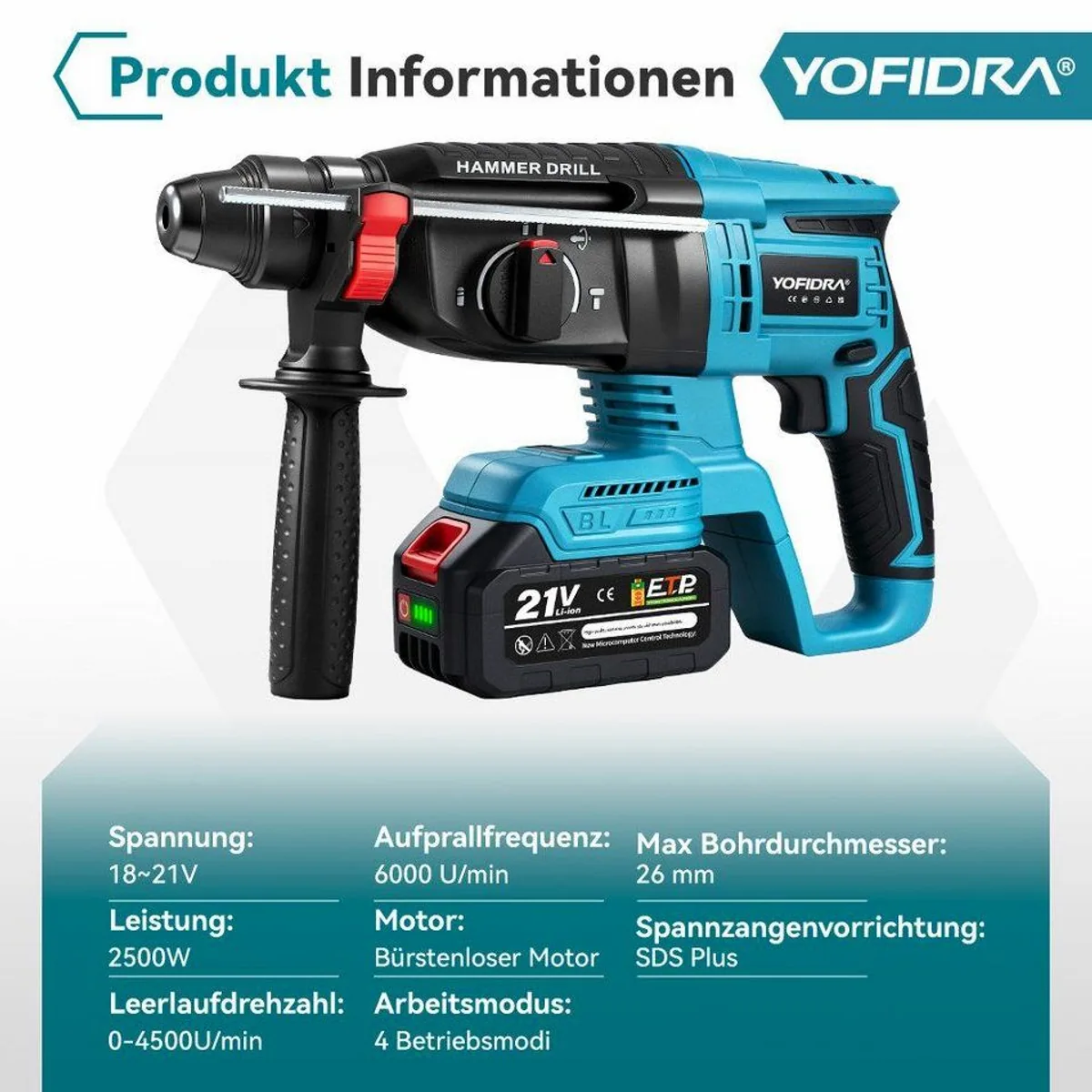 Yofidra Akku-Bohrhammer, bürstenloser Motor, 4 in 1 Funktionen für vielseitige Anwendungen 3
